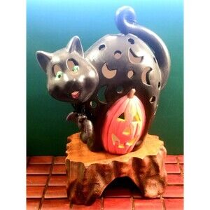Vintage Halloween Black Cat & Jack-o-lantern Candle Lantern JC Penny Luminaries